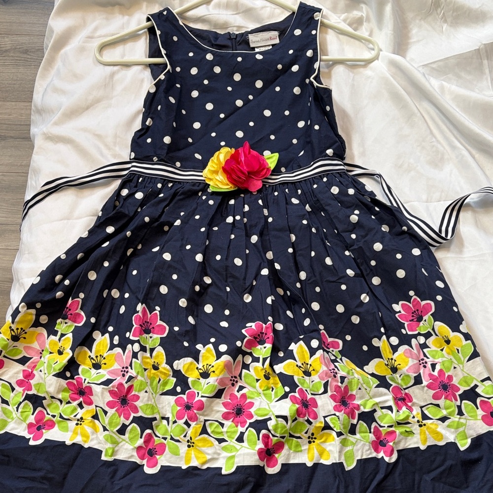 Sweet Heart Rose Navy Polka Dot Dress with Pink & Yellow Floral Border